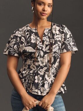 Anthropologie Somerset Top Floral Smocked Waist Peplum Top - Black & Cream